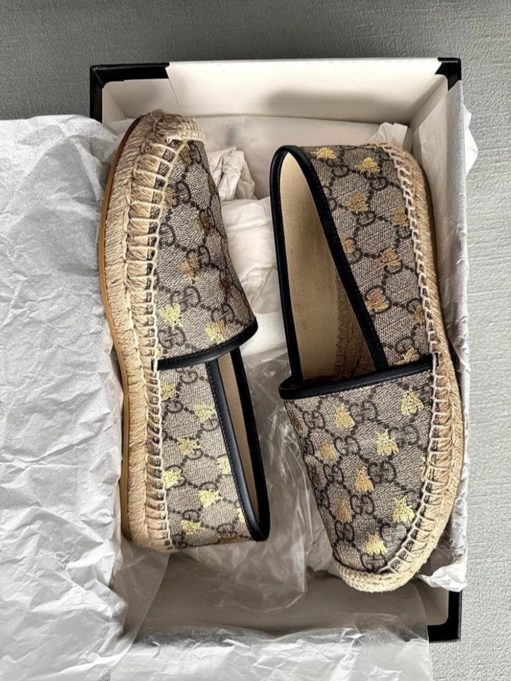 Gucci GG Supreme Bee Espadrilles Brown & Black EU 37